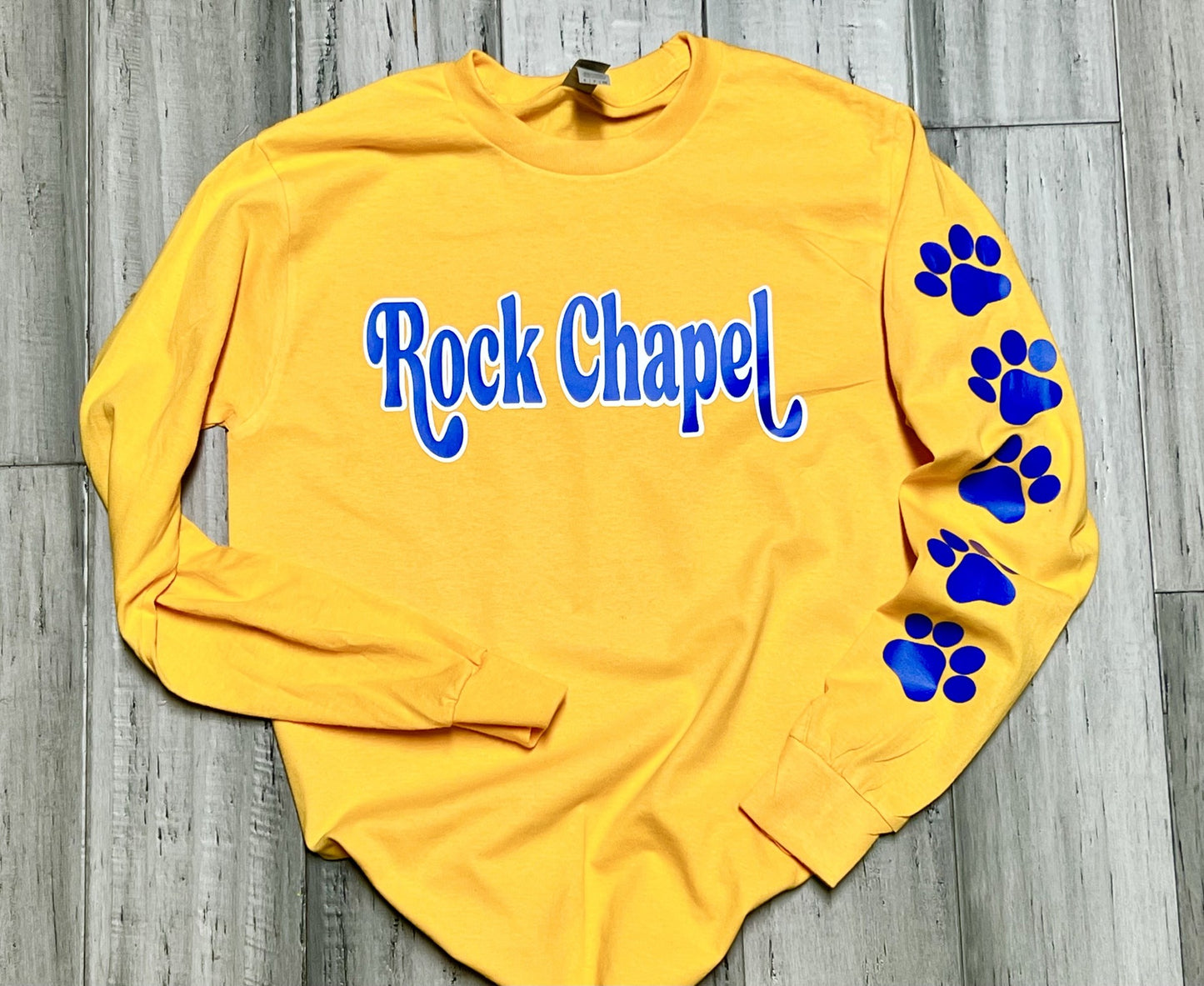 Golden Yellow Rock Chapel Long Sleeved T-Shirt with glitter paws