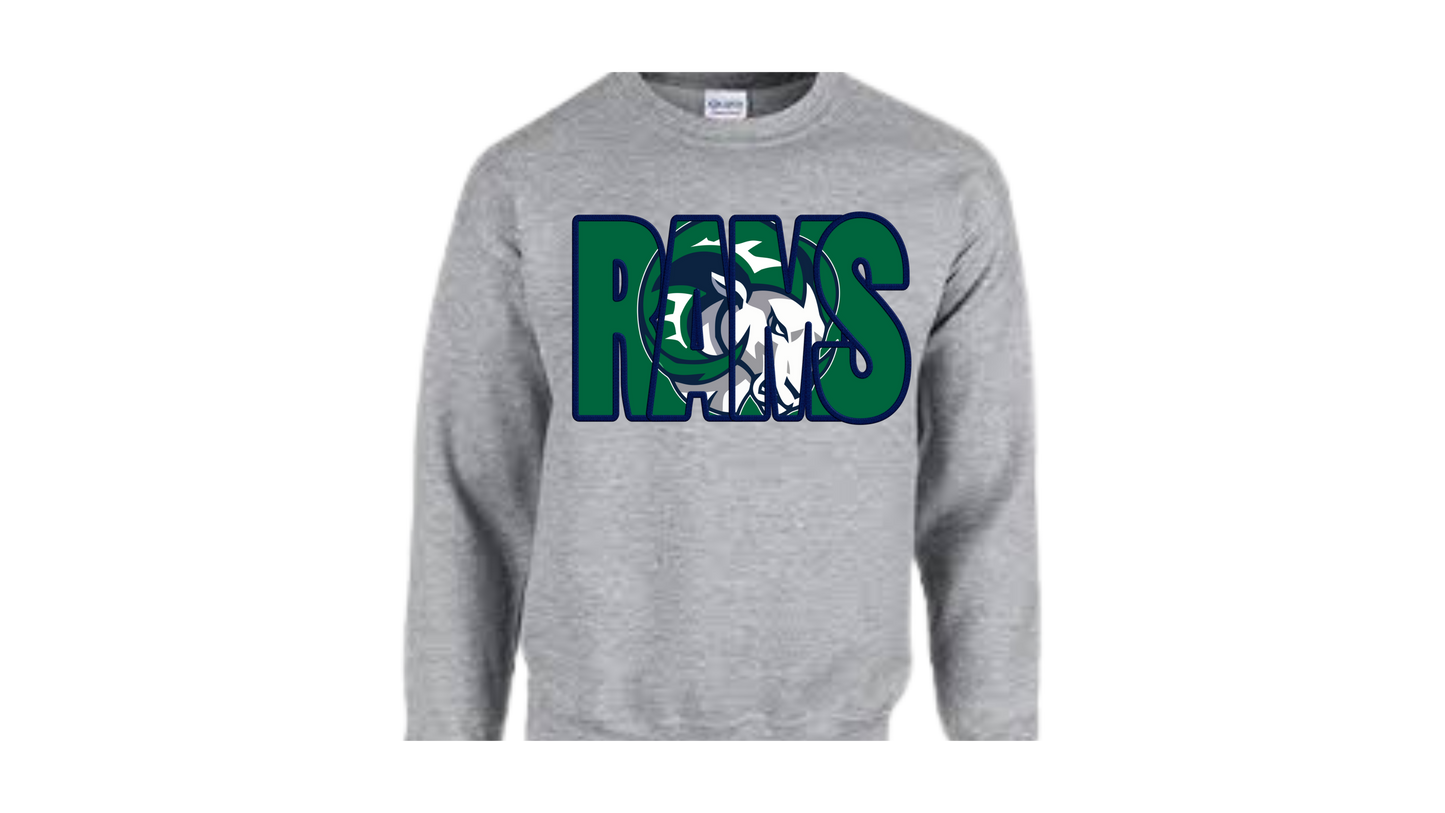 RAMS overlapping mascot sweatshirt Forrest Green and blue